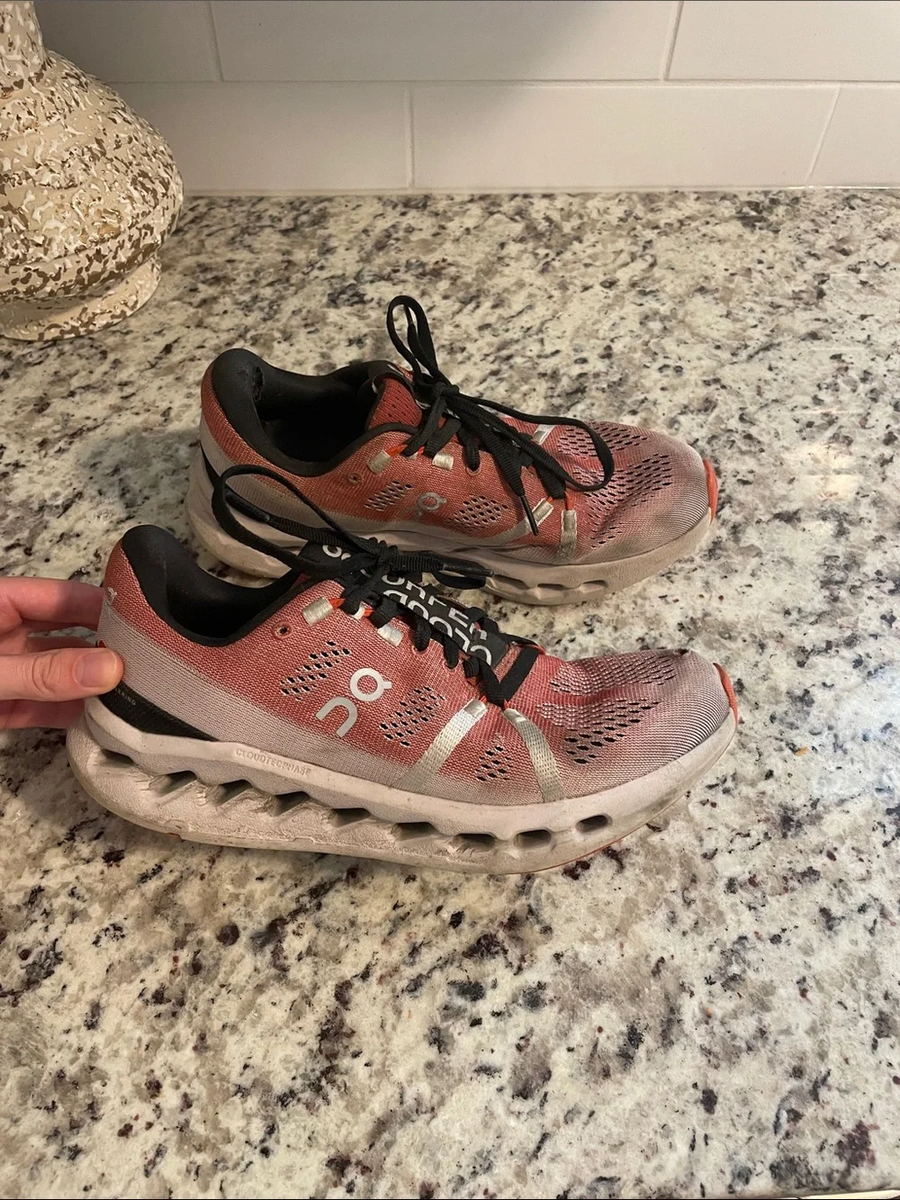 On Running Women’s Athletic Shoes in red and White 8 used